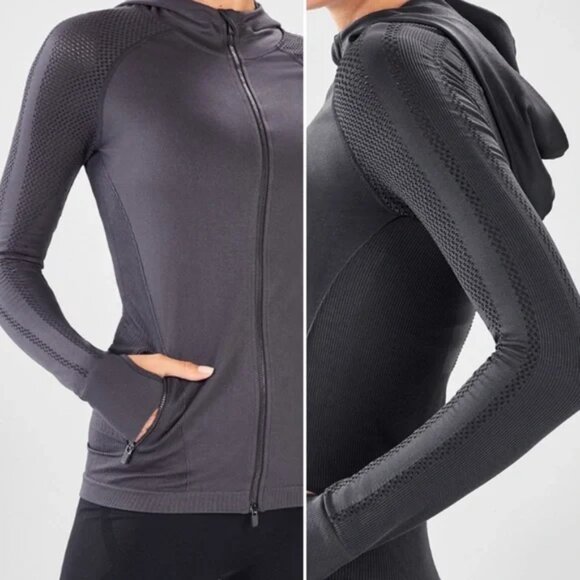 Fabletics Gray Kiley Seamless Hooded Zip Up Compression Jacket Medium - Picture 2 of 7